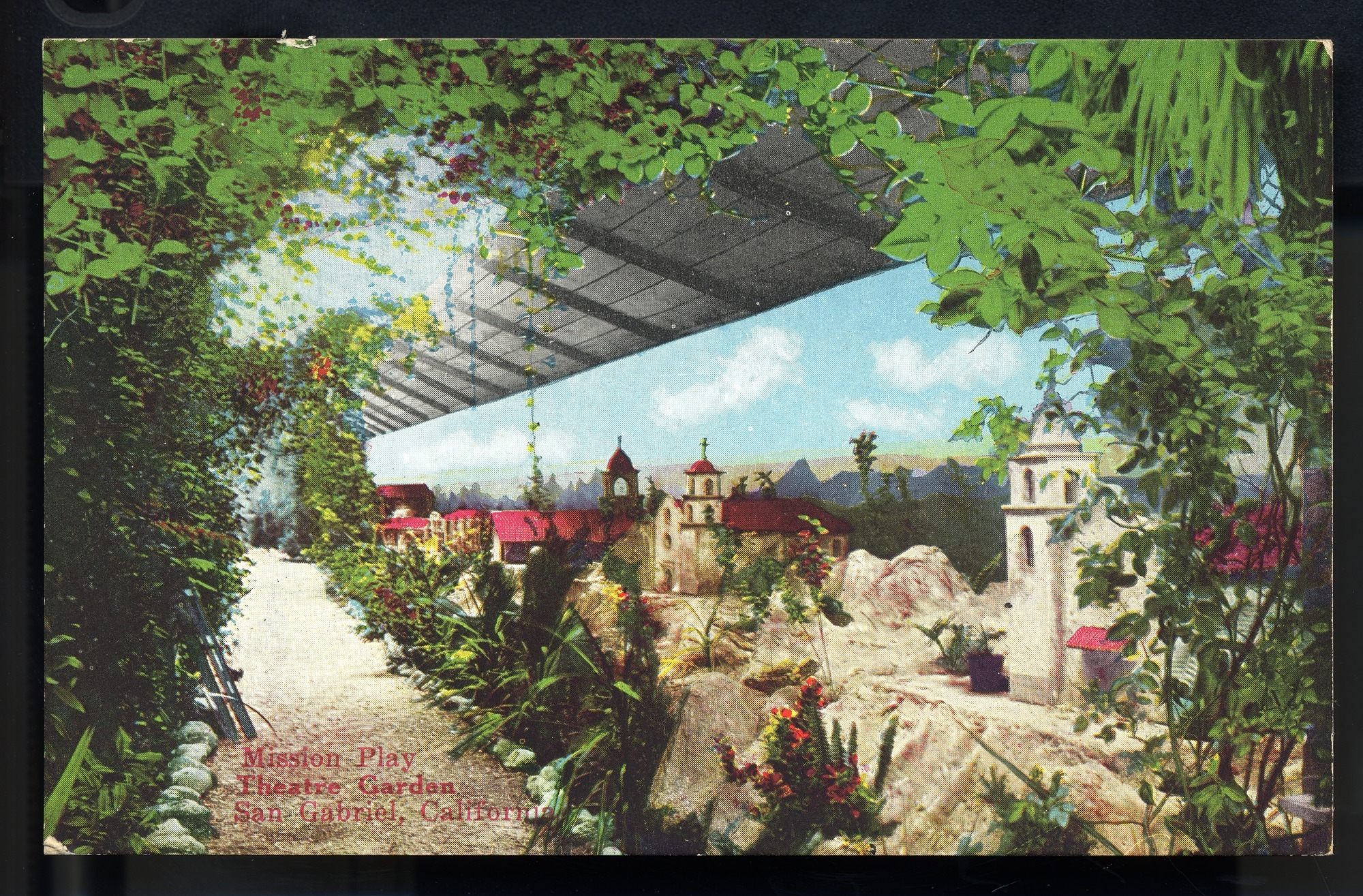 Postcard 16 – Mission Play Theatre Garden San Gabriel, California. Van Ornum Colorprint Company. M. Kashower Company. 1908-1921. NMAH 1986.0639.0504.