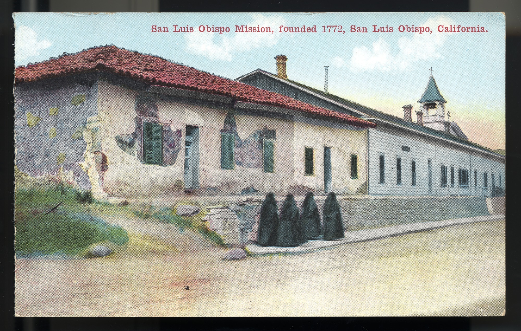 Postcard 21 – San Luis Obispo Mission, founded 1772, San Luis Obispo, California. Van Ornum Colorprint Company. 1908-1921. NMAH 1986.0639.0481.