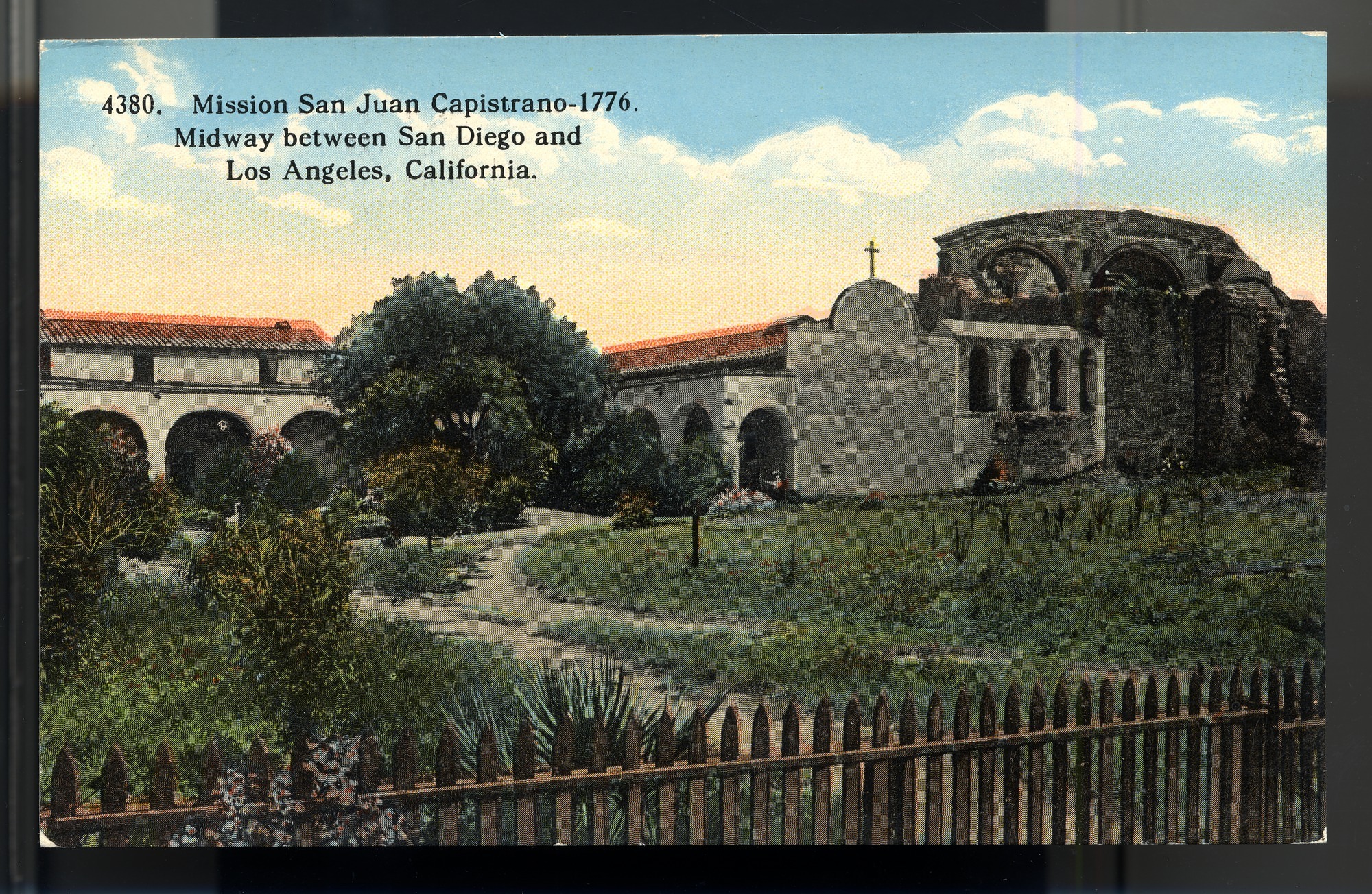 Postcard 24 – Mission San Juan Capistrano – 1776. Midway Between San Diego and Los Angeles, California. I. L. Eno Company. Curt Teich Company. ca 1914. NMAH 1986.0639.0332.