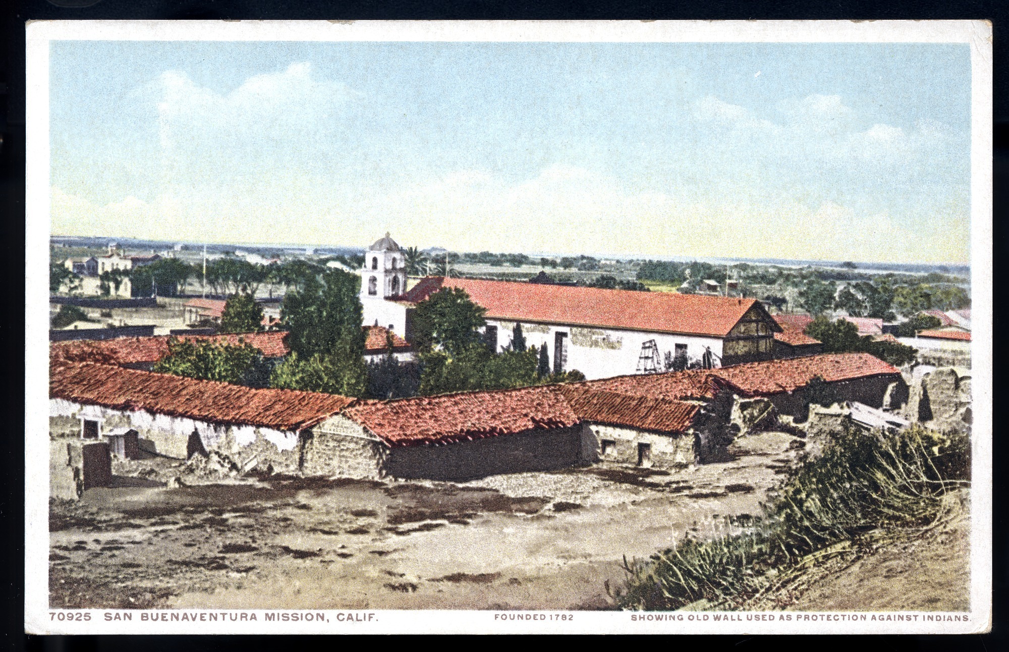 Postcard 33 – San Buenaventura Mission, Calif., Founded 1782, Showing Old Wall Used as Protection Against Indians. Detroit Publishing Company. ca 1910. NMAH 1986.0639.2048.