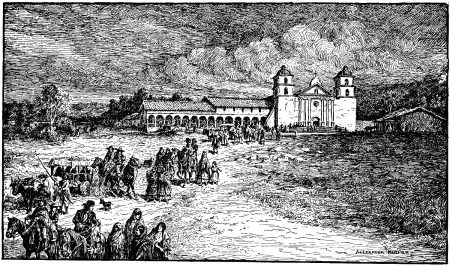 Colonists coming from Church, Mission Santa Barbara, 1824 - A. F. Harmer