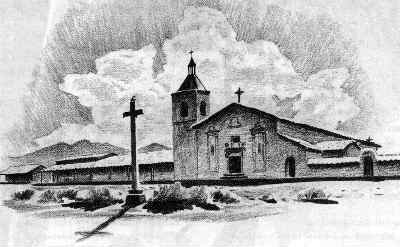 Black and white image of Mission Santa Clara de Asis