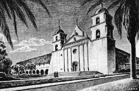 Old painting of Mission Santa Barbara