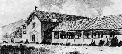 A draw of the original mission church and convento