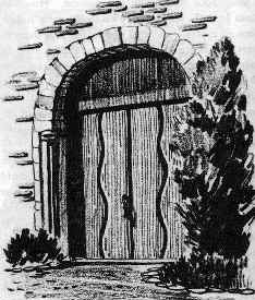 An old wooden door of the mission with the wavy indented design