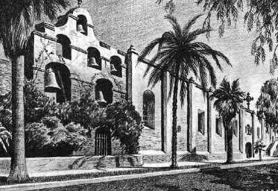 Old picture of Mission San Gabriel Arcángel